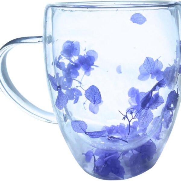 Caneca de Vidro Floral 350ml: resistente, elegante e ideal para café e chá.