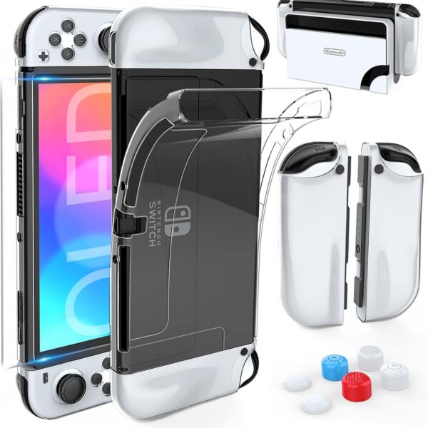 Capa HEYSTOP para Switch OLED com TPU, vidro temperado e 6 thumb grips: proteção completa e encaixe perfeito para comprar agora