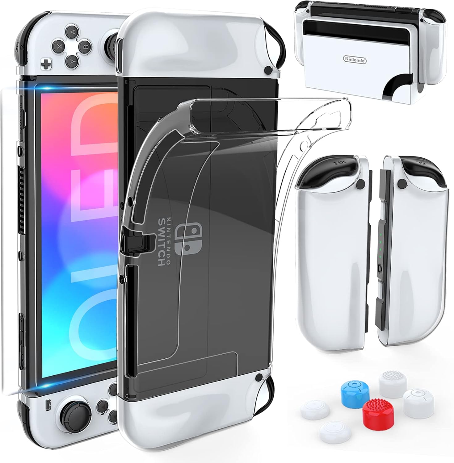 Capa HEYSTOP para Switch OLED com TPU, vidro temperado e Capa HEYSTOP para Switch OLED com TPU, vidro temperado e 6 thumb grips: proteção completa e encaixe perfeito para comprar agora