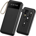 Carregador Portátil 10.000mAh 22.5W Turbo: carga rápida, visor LED e cabos integrados para iPhone, Android e tablets.