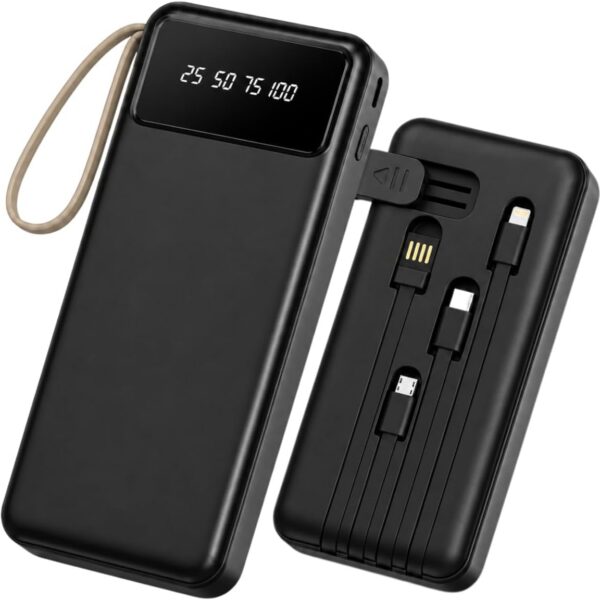 Carregador Portátil 10.000mAh 22.5W Turbo: carga rápida, visor LED e cabos integrados para iPhone, Android e tablets.