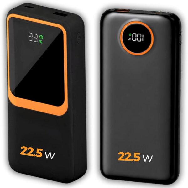 Carregador Portátil 20000mAh 22.5W: recarga ultrarrápida, visor LED e 2 saídas para Android e iOS.