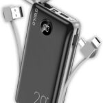 Carregador Portátil Turbo Power Bank 20000mah com 3 Cabos, Saída Universal, USB e Display Digital (Preto)