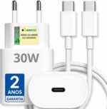 Carregador Turbo 30W Fast Power com cabo USB-C reforçado, compatível com iPhone 15/16/17 e Android, carregamento rápido seguro.