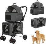 Carrinho Cansee duplo 3 em 1 para cães e gatos, dobrável, confortável e seguro para passeios e viagens