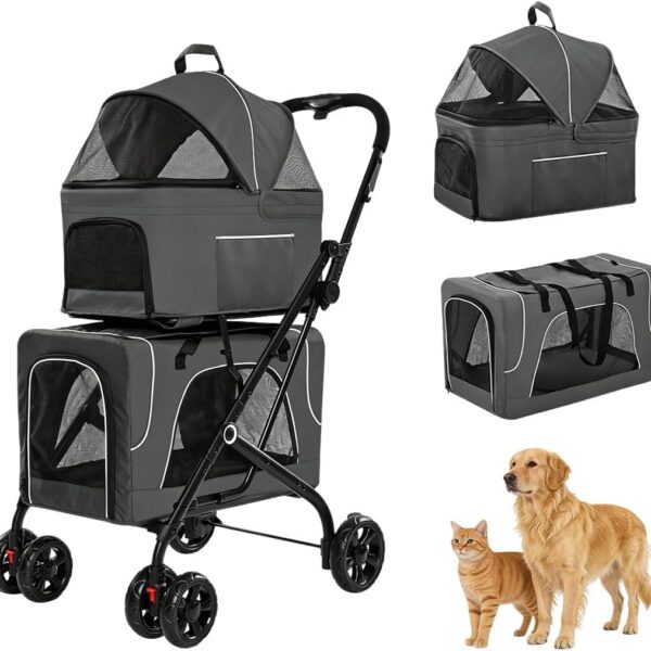 Carrinho Cansee duplo 3 em 1 para cães e gatos, dobrável, confortável e seguro para passeios e viagens