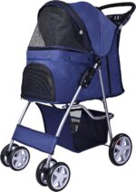 Carrinho Elevon para pets, 4 rodas, dobrável e portátil, ideal para cães e gatos pequenos e médios, com suporte destacável e azul