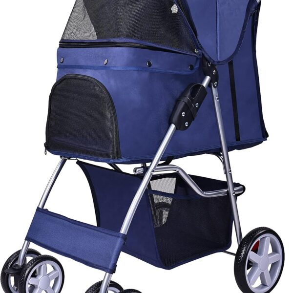 Carrinho Elevon para pets, 4 rodas, dobrável e portátil, ideal para cães e gatos pequenos e médios, com suporte destacável e azul
