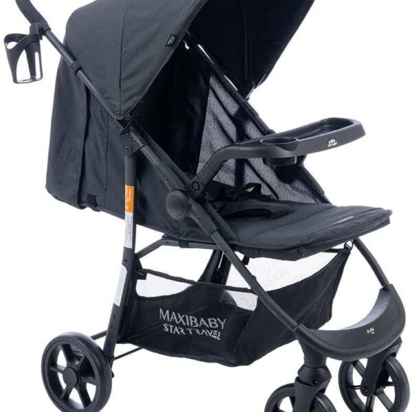 Carrinho Maxi Baby Startravel vira berço, com fechamento fácil, segurança e conforto para bebês de 0 a 3 anos.