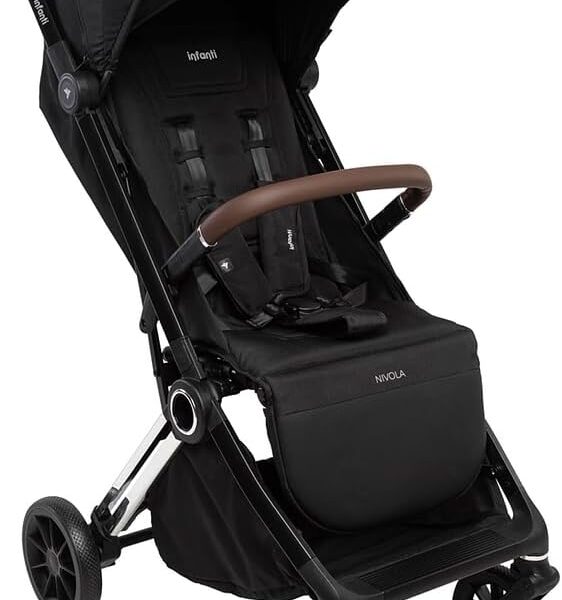 Carrinho Nivola Infanti: compacto, leve e prático, com fechamento automático, mosquiteiro, UV50+ e suporte até 22 kg.