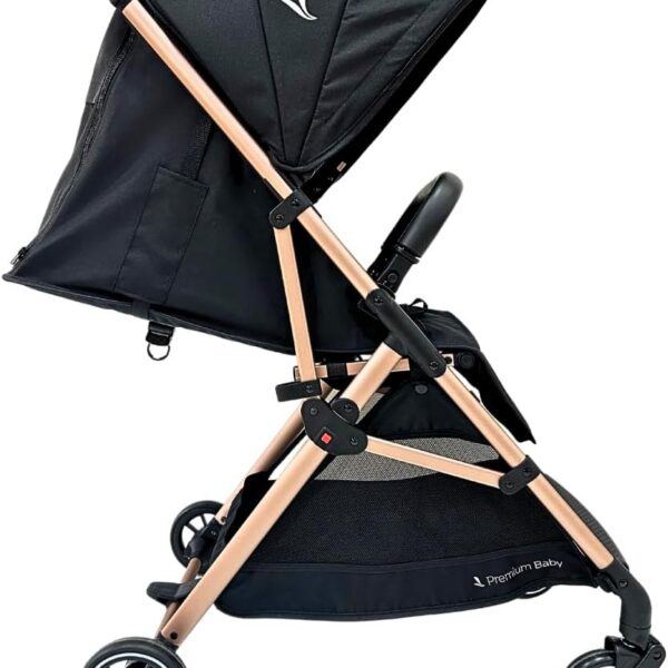 Carrinho Premiu Baby Zurich Preto Rose: leve, compacto e com fechamento automático para mais praticidade no dia a dia.