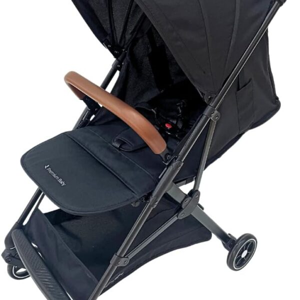 Carrinho Premium Baby Zurich Cinza Black Couro Marrom: leve, compacto e com fechamento automático para mais praticidade e segurança.