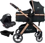 Carrinho Travel System Kansas + Base Gold/Preto: quadro dourado e tecido preto com estilo e praticidade para o dia a dia.