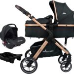 Carrinho Travel System Kansas + Base Gold/Preto: quadro dourado e tecido preto com estilo e praticidade para o dia a dia.