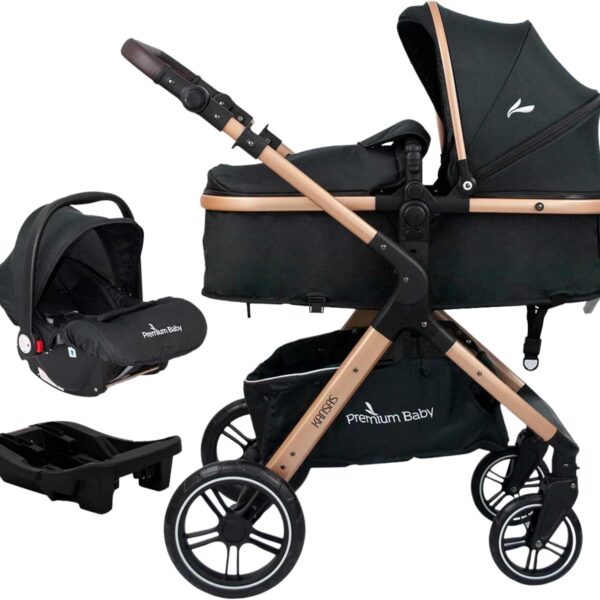 Carrinho Travel System Kansas + Base Gold/Preto: quadro dourado e tecido preto com estilo e praticidade para o dia a dia.
