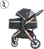 Carrinho Travel System Kansas + Base Gold/Preto: quadro dourado e tecido preto com estilo e praticidade para o dia a dia. - Imagem 2