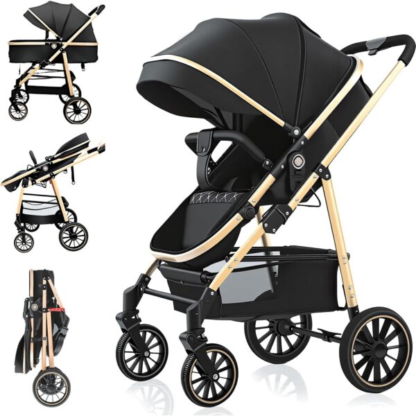 Carrinho de Bebê 2 em 1 dobrável com cadeira ajustável e cesta removível, ideal para conforto e praticidade até 15kg.
