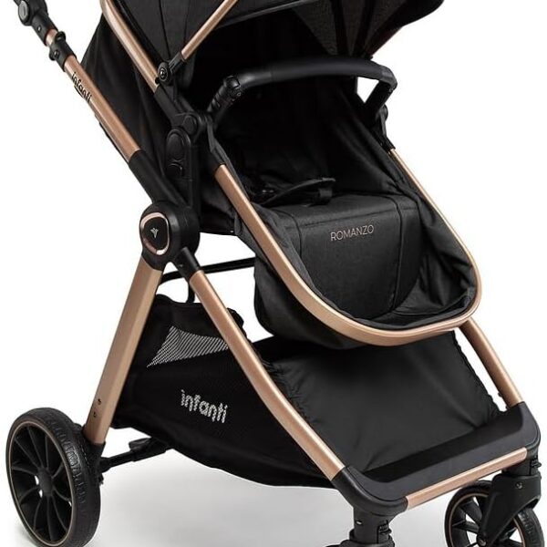 Carrinho de Bebê Infanti Romanzo Preto Bronze: conforto, segurança e praticidade com assento reversível e capota UV50+