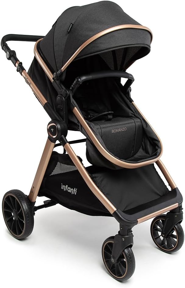 Carrinho de Bebê Infanti Romanzo Preto Bronze: conforto, segurança e Carrinho de Bebê Infanti Romanzo Preto Bronze: conforto, segurança e praticidade com assento reversível e capota UV50+