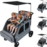 Carrinho de bebê 4 lugares dobrável, ideal para 4 crianças, com assentos ajustáveis e uso em todos os terrenos.