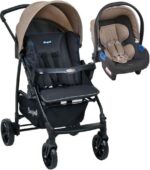 Carrinho de bebê Burigotto Ecco cinza bege com bebê conforto, mais praticidade e conforto para passeios seguros.