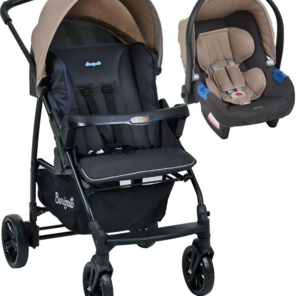Carrinho de bebê Burigotto Ecco cinza bege com bebê conforto, mais praticidade e conforto para passeios seguros.