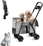 Carrinho de bebê dobrável para cães e gatos, leve, seguro e portátil, suporta até 25 kg e facilita passeios e viagens.