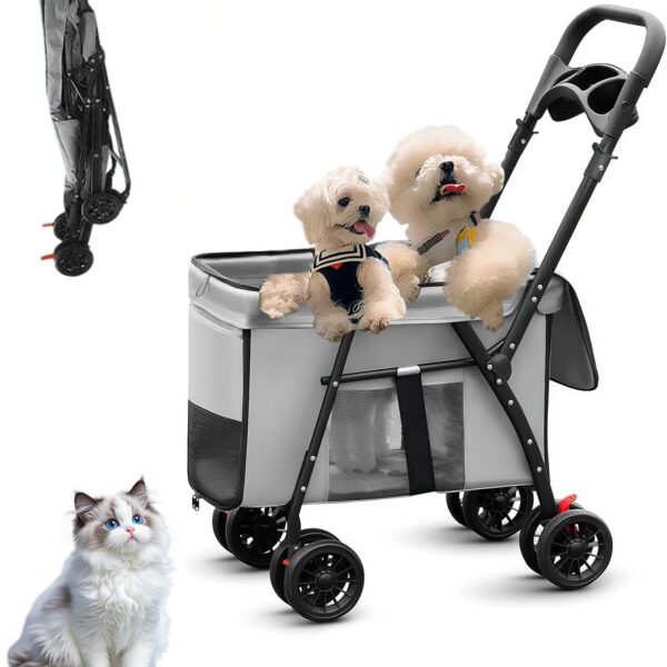 Carrinho de bebê dobrável para cães e gatos, leve, seguro e portátil, suporta até 25 kg e facilita passeios e viagens.