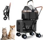 Carrinho dobrável duplo para cães e gatos, leve, com transportadores removíveis e rodas traváveis até 35 kg
