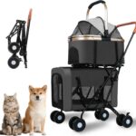Carrinho dobrável duplo para cães e gatos, leve, com transportadores removíveis e rodas traváveis até 35 kg