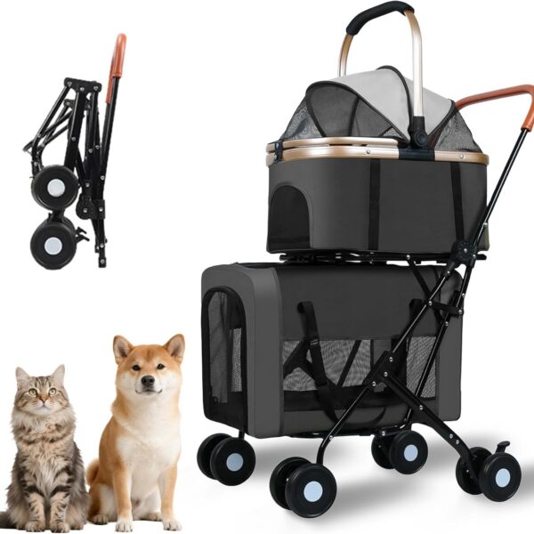Carrinho dobrável duplo para cães e gatos, leve, com transportadores removíveis e rodas traváveis até 35 kg