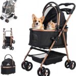 Carrinho para cães e gatos dobrável com capa de chuva, leve, resistente e compacto para passeios seguros e confortáveis