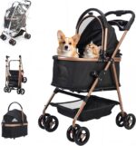 Carrinho para cães e gatos dobrável com capa de chuva, leve, resistente e compacto para passeios seguros e confortáveis