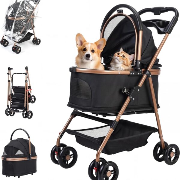 Carrinho para cães e gatos dobrável com capa de chuva, leve, resistente e compacto para passeios seguros e confortáveis