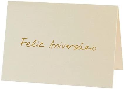 Cartão mini Teca Fabriano Feliz Aniversário Creme, com hot stamping e sem mensagem interna.