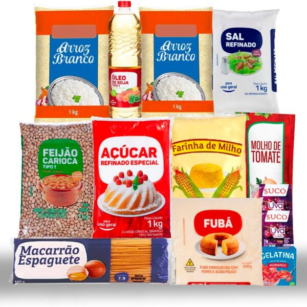 Cesta Básica Doação Completa com 13 itens essenciais para alimentação econômica e prática.