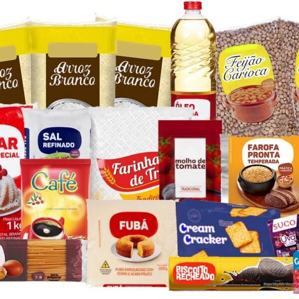 Cesta Básica Grande Completa Econômica com 23 itens essenciais para doação ou consumo, ótimo custo-benefício.