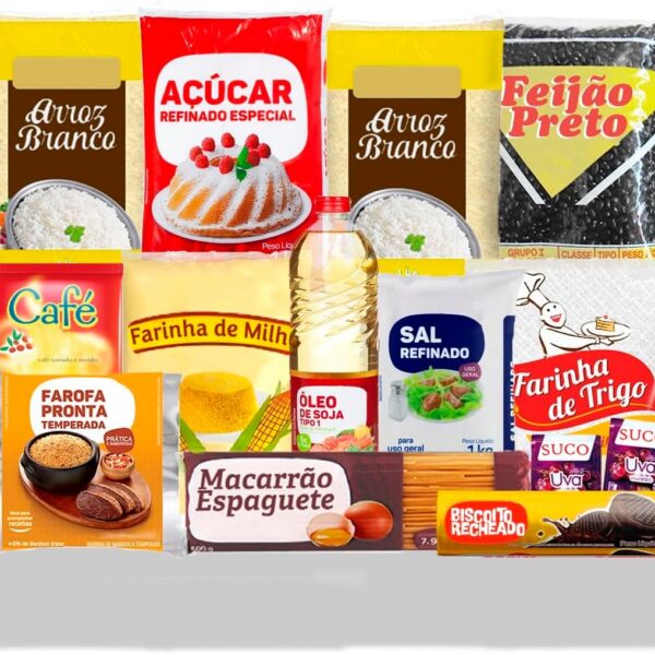 Cesta Básica de Alimentos 14 Itens Familiar para doação e consumo com itens essenciais de qualidade.