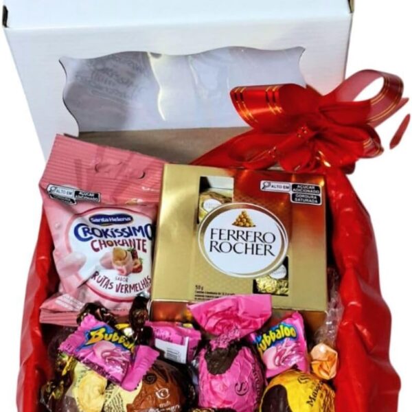 Cesta Caixa Recheada com Ferrero e Trufas, presente elegante para Dia da Mulher e aniversário, ideal para surpreender com carinho.