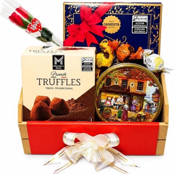Cesta Presente Gourmet com Importados, Cookies e Chocolates pronta para presentear com elegância e sabor premium