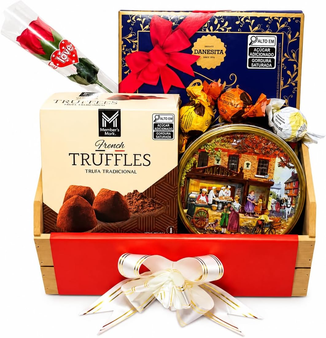 Cesta Presente Gourmet com Importados, Cookies e Chocolates pronta para Cesta Presente Gourmet com Importados, Cookies e Chocolates pronta para presentear com elegância e sabor premium