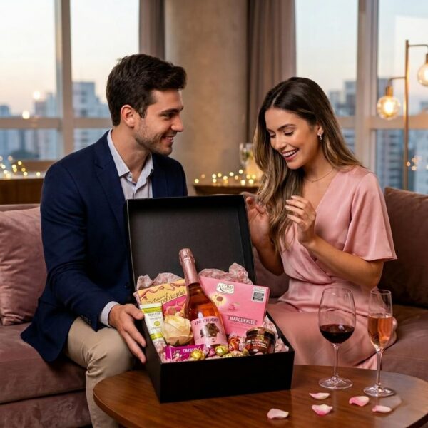 Cesta Romântica G&O com Espumante Rosé e Bombons Suiços: presente gourmet sofisticado para o Dia dos Namorados.