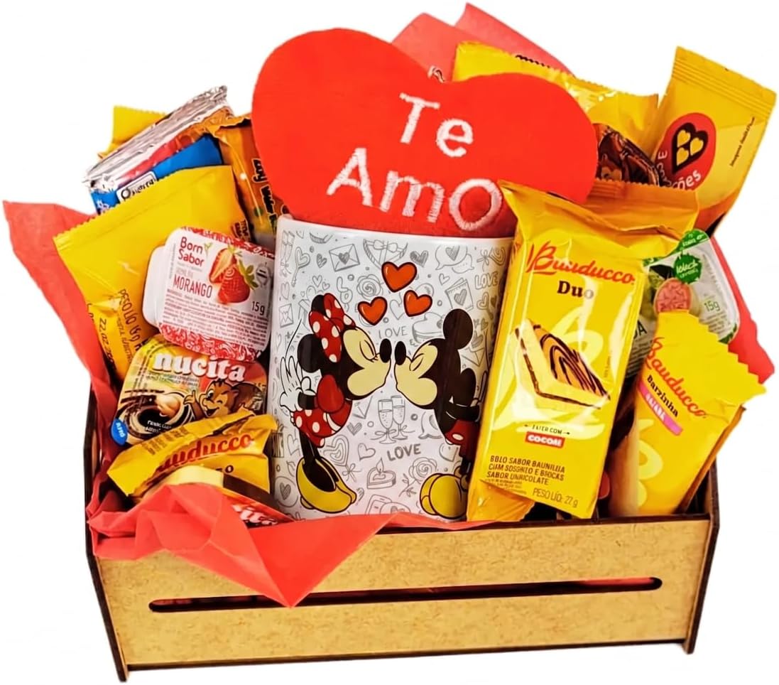 Cesta de Café da Manhã Romântica com chocolates premium, caneca Cesta de Café da Manhã Romântica com chocolates premium, caneca e chaveiro. Presente perfeito para surpreender no Dia dos Namorados.