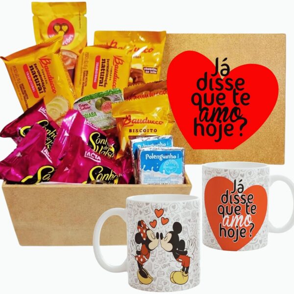 Cesta de Café da Manhã com Caneca Mickey e Minnie: 15 itens para presentear com amor, pronta para surpreender namorados.