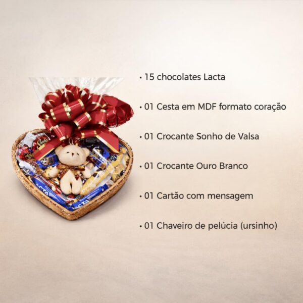 Cesta de Chocolate Lacta Coração com Ursinho: presente romântico com 15 chocolates sortidos e embalagem premium.