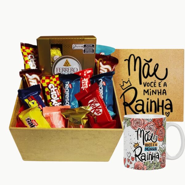 Cesta de Chocolates com Caneca: kit presente completo para aniversário, com chocolates variados e caneca personalizada.