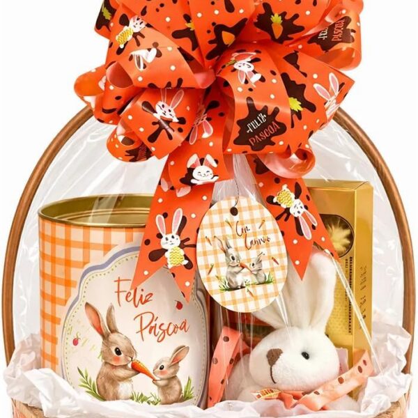 Cesta de Páscoa com Ferrero Rocher e Lacta, pronta para presentear com coelho de pelúcia e lata temática.