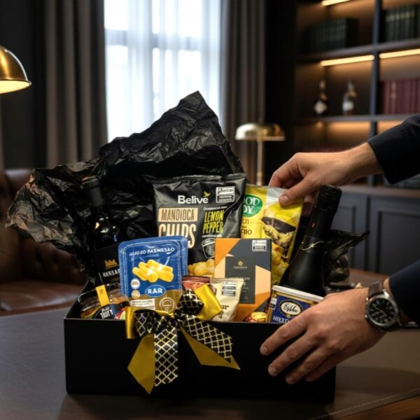 Cesta de Presente G&O Just for Men com seleção gourmet premium, vinho e espumante, presente elegante para homenagens e celebrações.