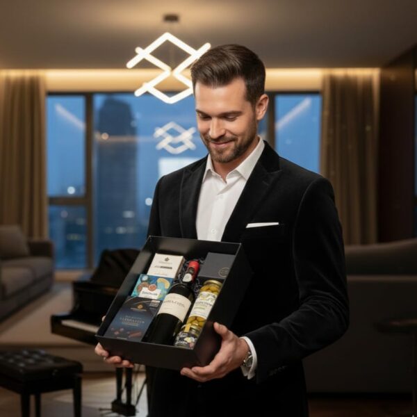 Cesta de Presente Gift G&O Angélica Zapata com Vinho Cabernet Sauvignon, chocolates, torradas e antepasto para presentear com elegância.