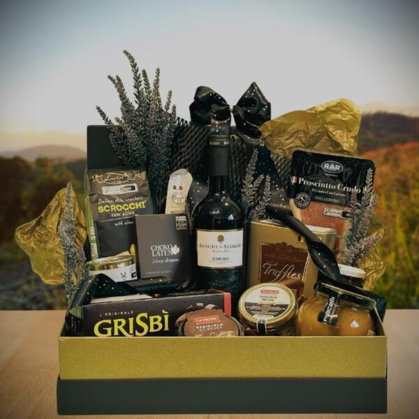Cesta de Presente Luxo G&O Bosque Secreto com Vinho Barolo: presente gourmet sofisticado para ocasiões especiais.